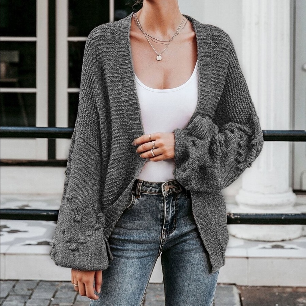 Charcoal heart pom Balloon Sleeve Knit Cardigan - Picture 3 of 5